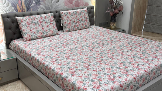 Imported Pure Cotton Satin Floral Pink Bedsheet