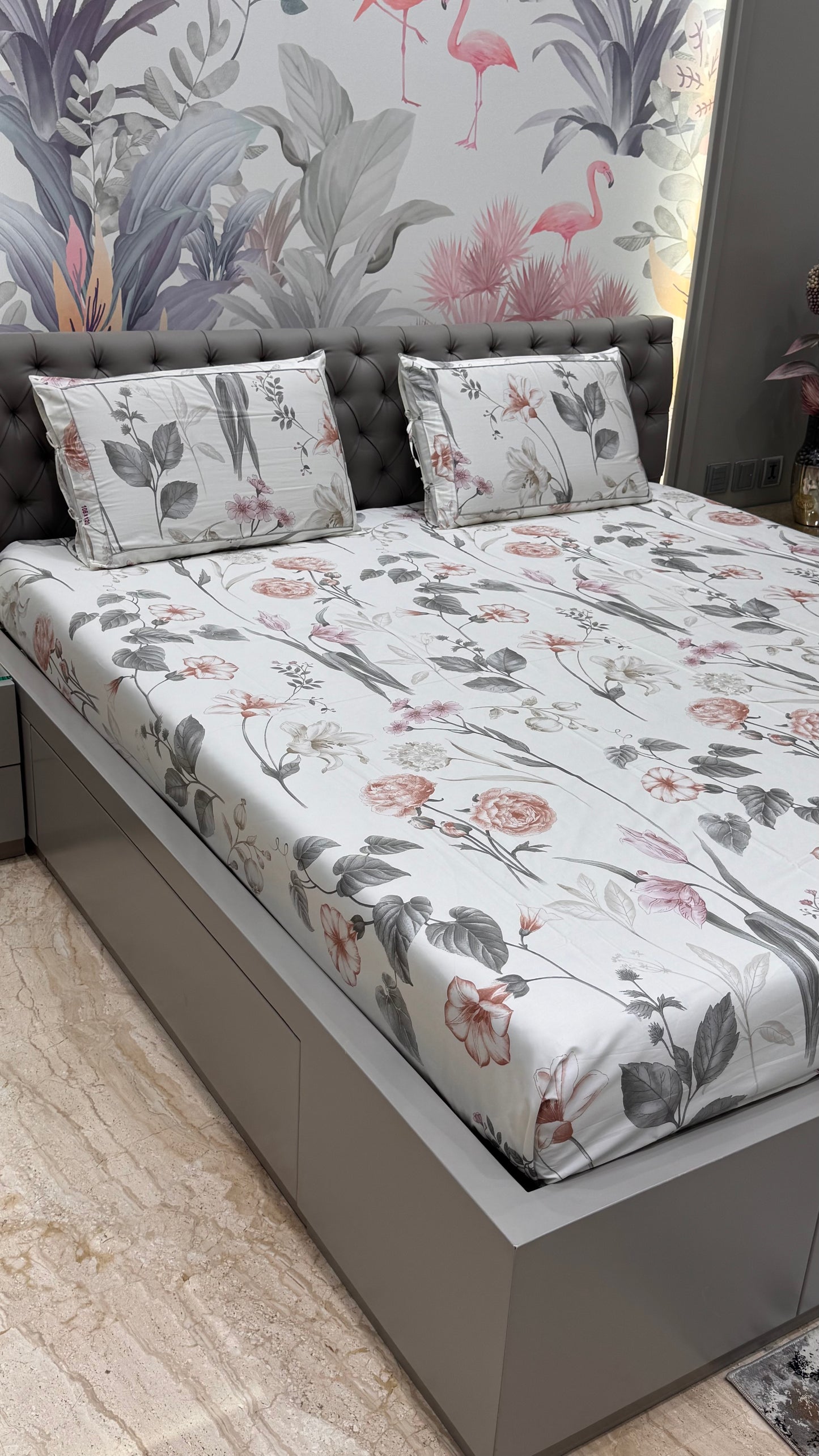 Imported Pure Cotton Satin Floral Grey Colour Bedsheet