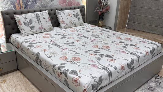 Imported Pure Cotton Satin Floral Grey Colour Bedsheet