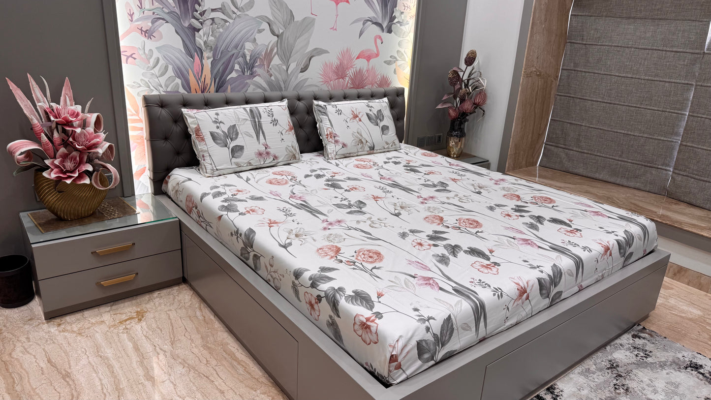 Imported Pure Cotton Satin Floral Grey Colour Bedsheet