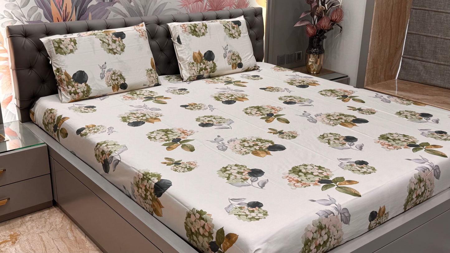 Imported Pure Cotton Satin Floral White Colour Printed Bedsheet