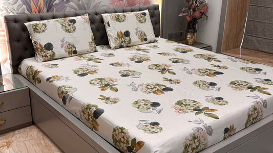 Imported Pure Cotton Satin Floral White Colour Printed Bedsheet