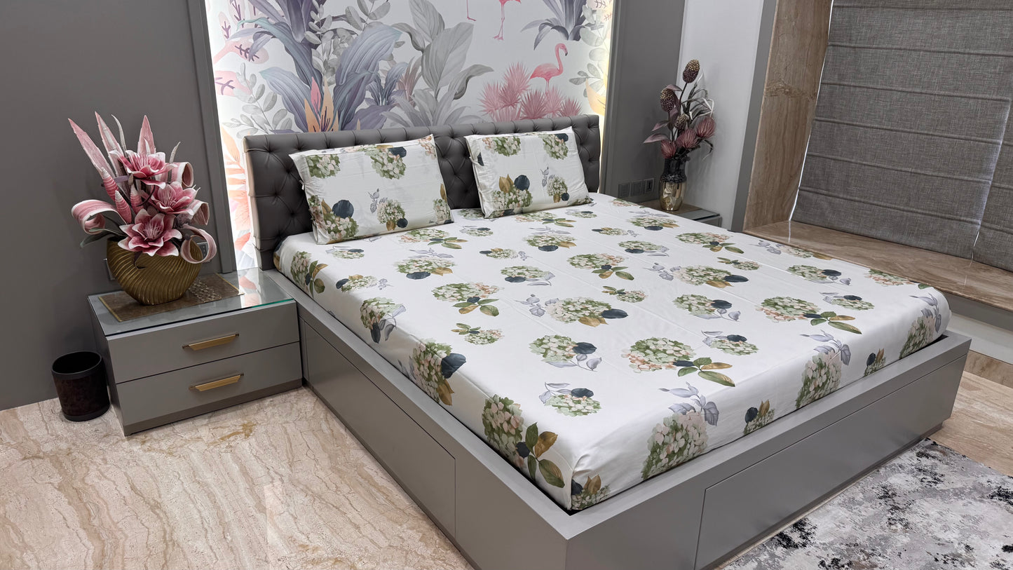 Imported Pure Cotton Satin Floral White Colour Printed Bedsheet
