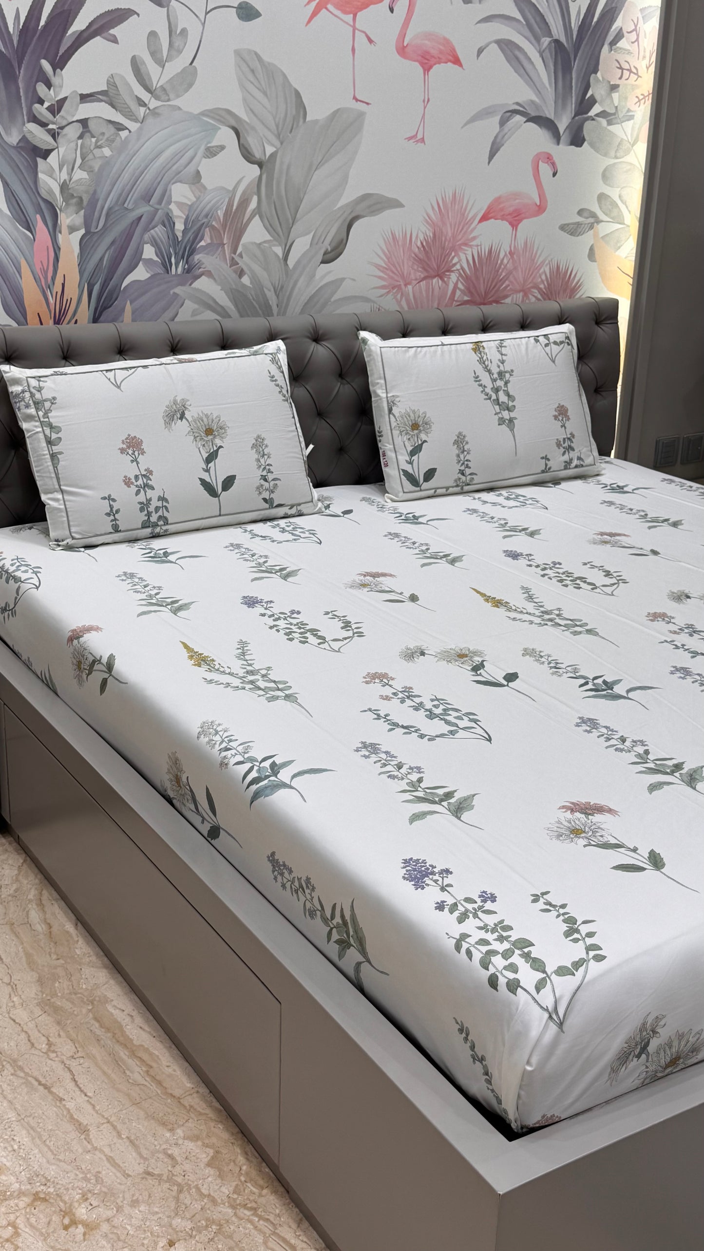 Imported Pure Cotton Satin Floral White Colour Printed Bedsheet