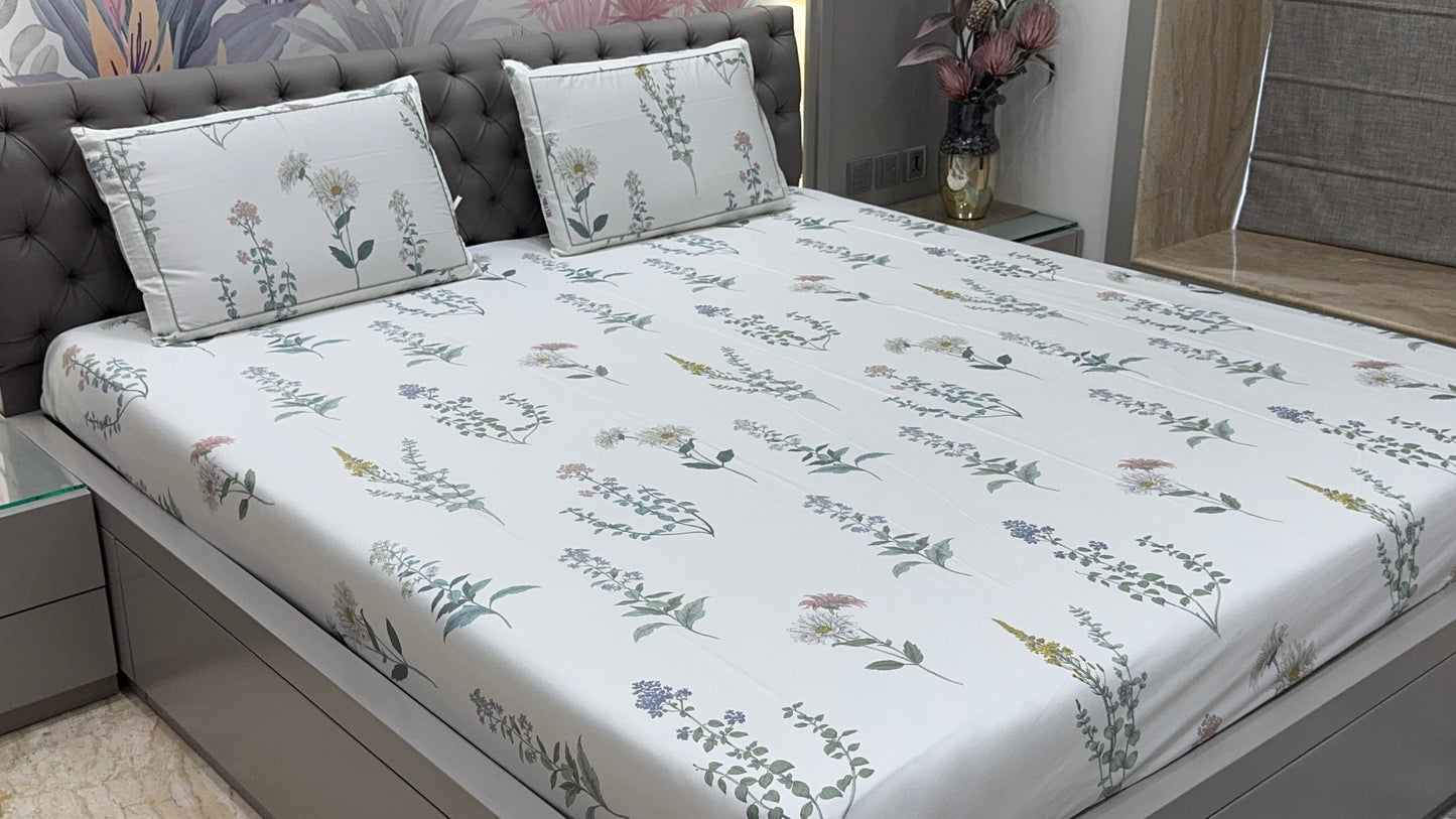 Imported Pure Cotton Satin Floral White Colour Printed Bedsheet