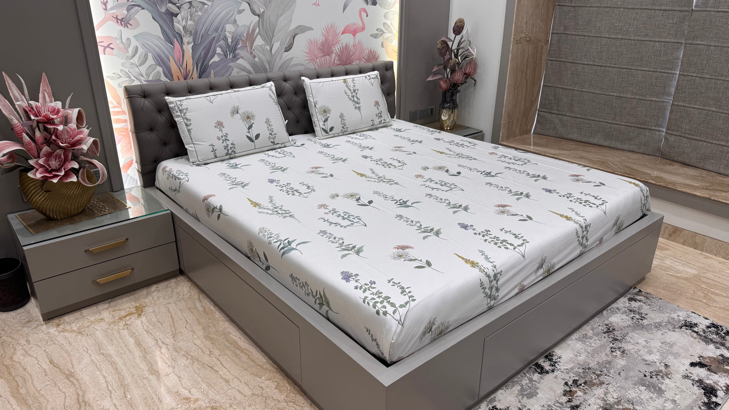 Imported Pure Cotton Satin Floral White Colour Printed Bedsheet