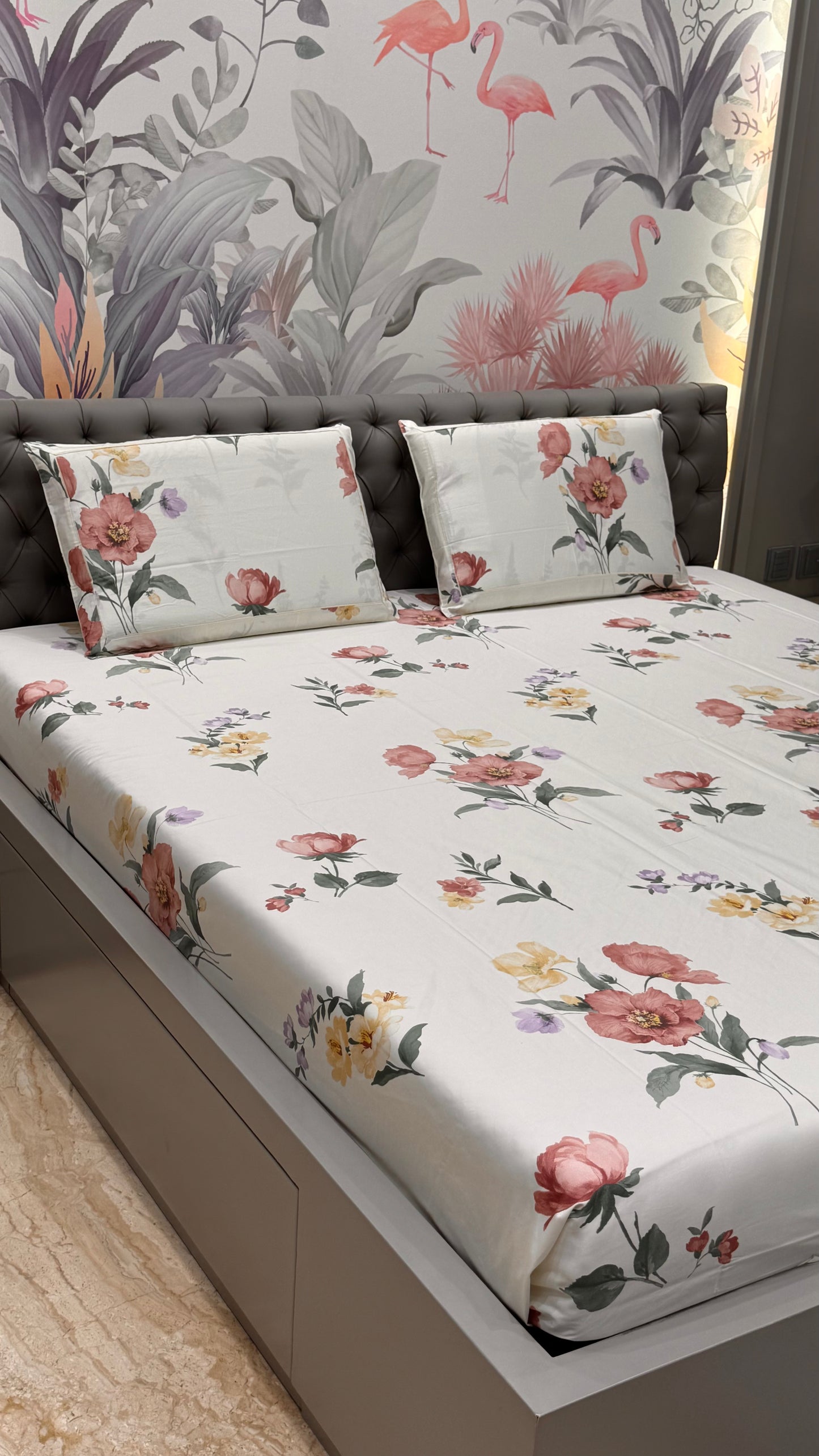 Imported Pure Cotton Satin Floral White Colour Printed Bedsheet