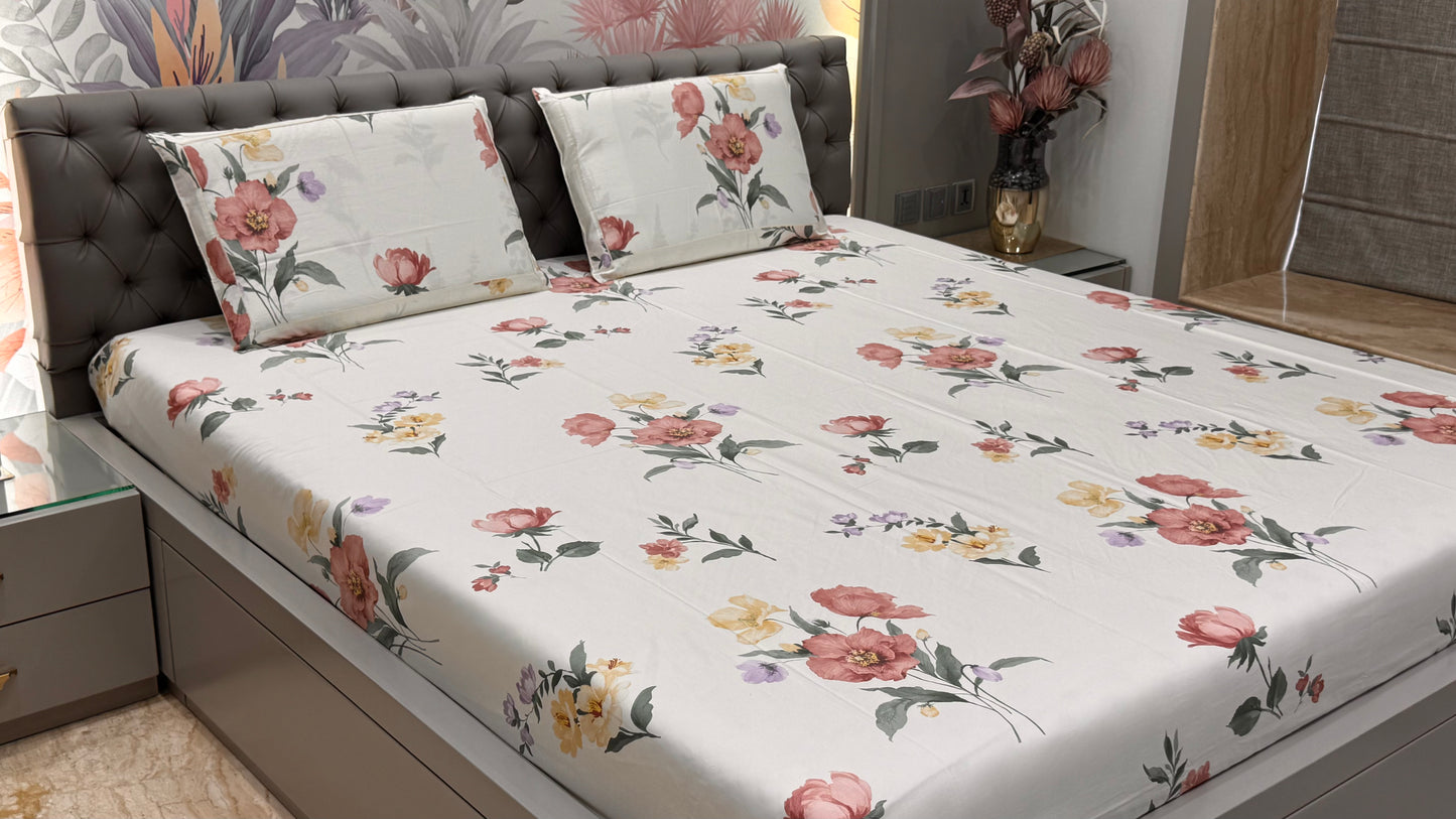 Imported Pure Cotton Satin Floral White Colour Printed Bedsheet