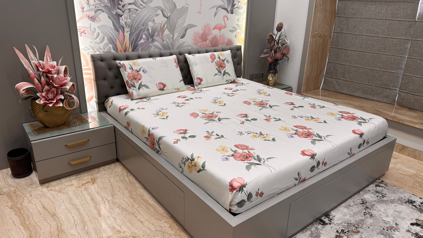 Imported Pure Cotton Satin Floral White Colour Printed Bedsheet