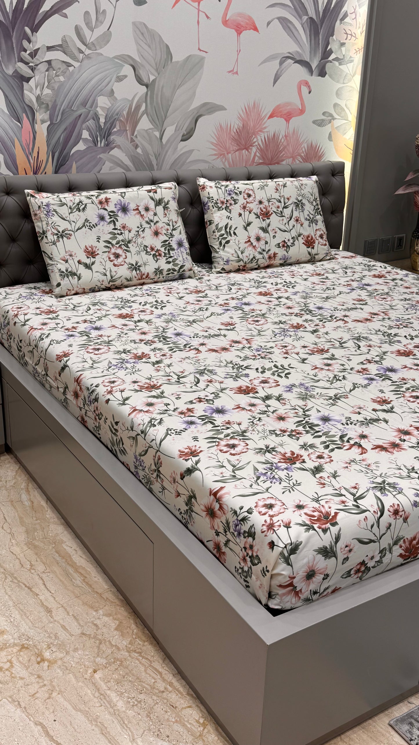 Imported Pure Cotton Satin Comfortable Floral Cream Colour Printed Bedsheet
