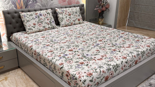 Imported Pure Cotton Satin Comfortable Floral Cream Colour Printed Bedsheet