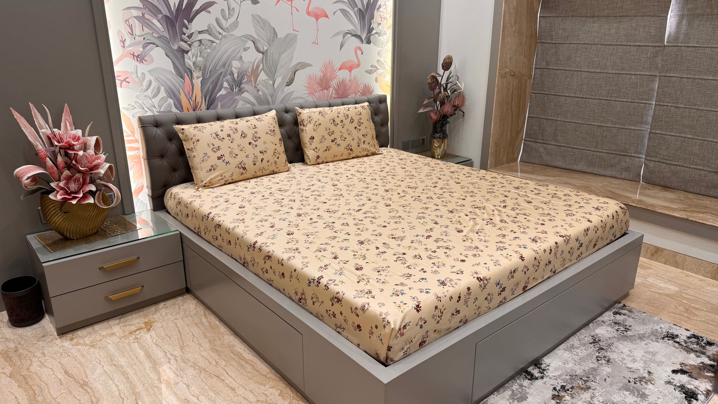 Imported Pure Cotton Satin Comfortable Floral Light Yellow Colour Printed Bedsheet