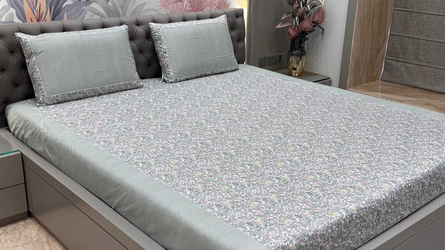 Imported Super Fine Pure Cotton Floral Bedsheet- Green colour