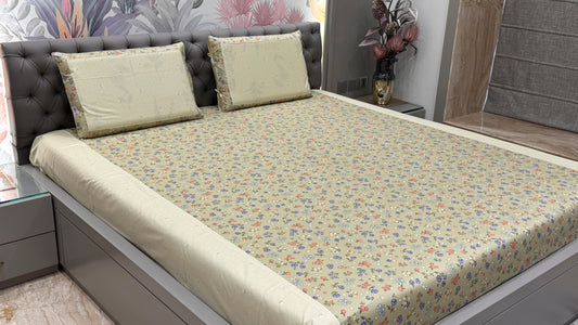 Imported Pure Cotton Floral Print Bedsheet- Beige Colour