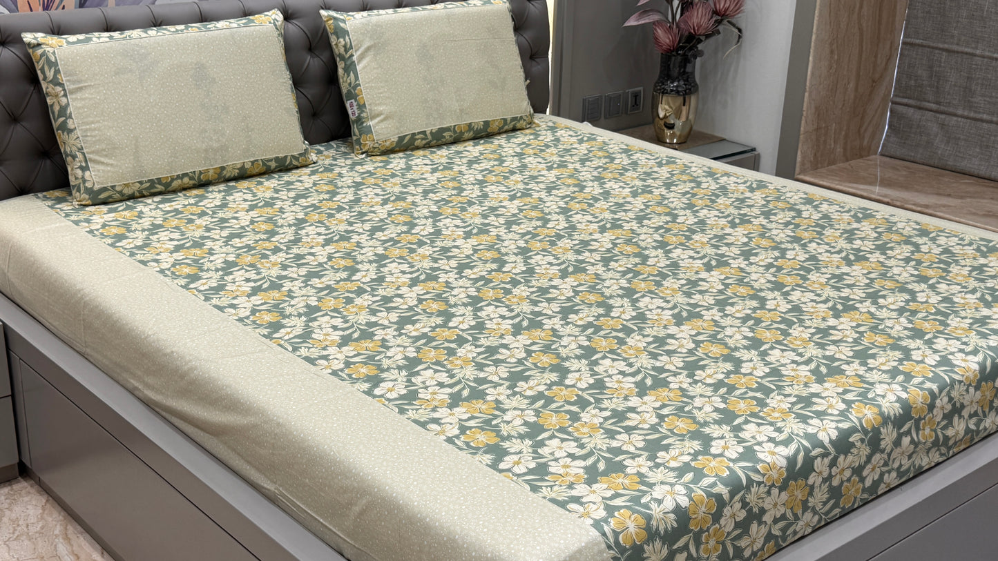 Imported Breathable Pure Cotton Foral Print Bedsheet- Green Colour
