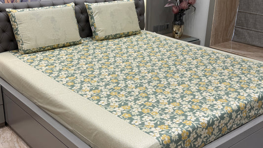 Imported Breathable Pure Cotton Foral Print Bedsheet- Green Colour