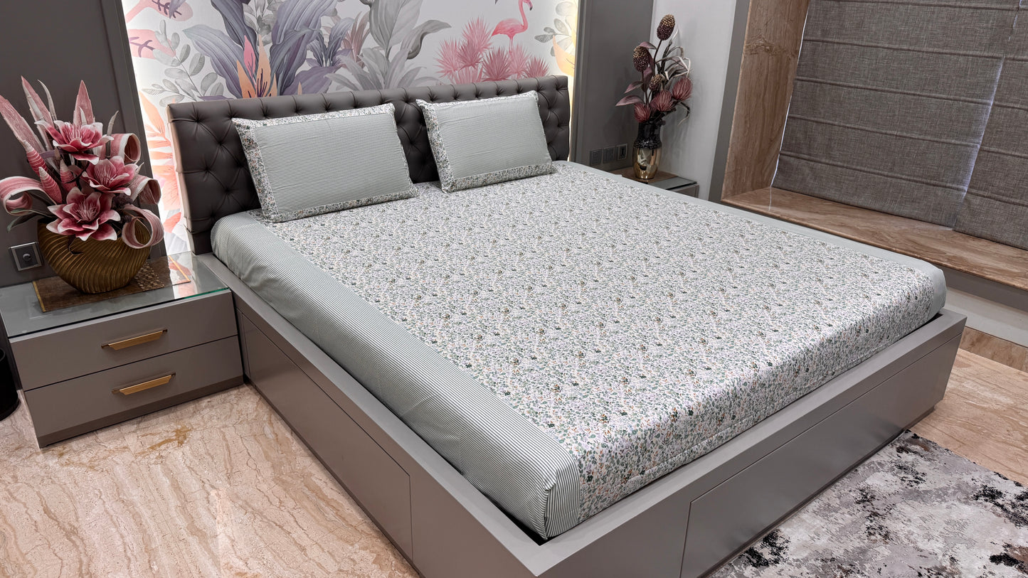 Imported Cotton Mix & Match Floral Print Bedsheet- Green Colour