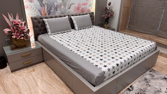 Imported Pure Cotton Star Print Bedsheet- Grey Colour