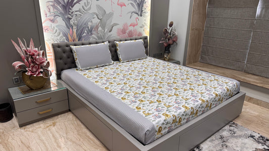 Imported Pure Cotton Lion Print Bedsheet- Grey Yellow Colour