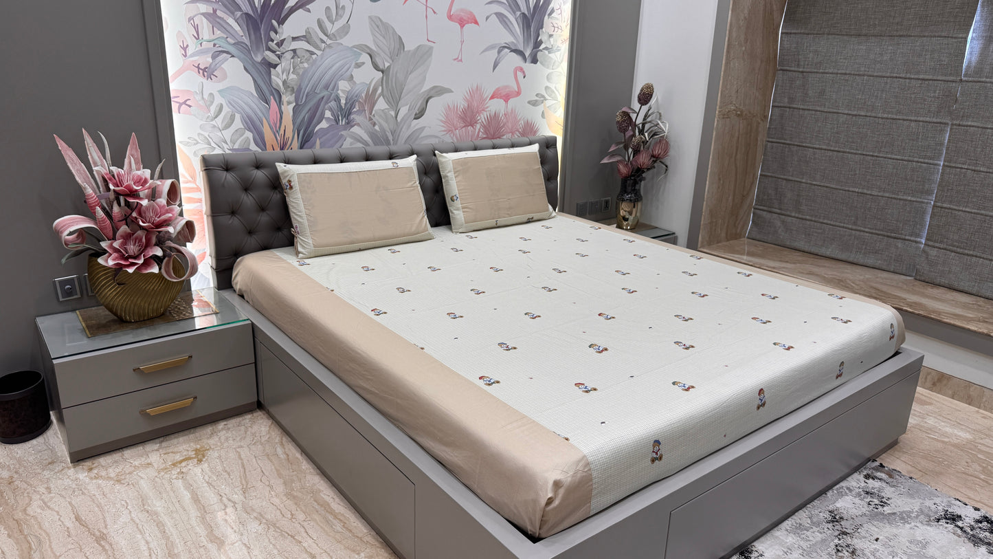 Imported Pure Cotton Premium Teddy Bear Bedsheet- Beige Colour