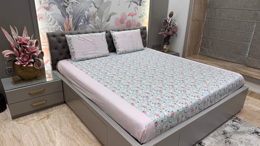 Imported Pure Cotton Bunny Print Bedsheet- Blue Colour'