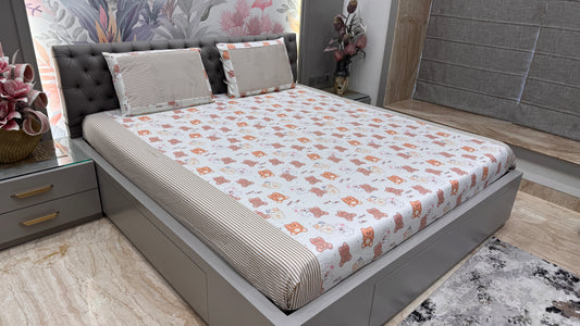 Imported Cozy Cotton Teddy Bear Print Bedsheet- Brown Colour