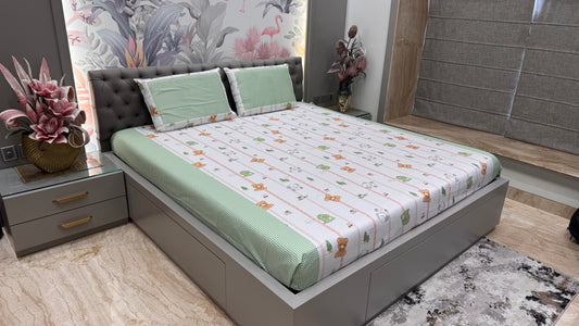 Imported Pure Cotton Teddy Bear Print Bedsheet- Green Colour