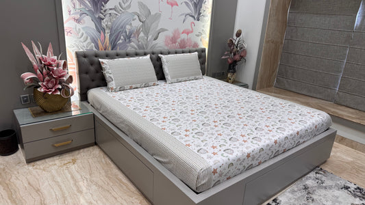 Imported Pure Cotton Space Print Bedsheet- White Colour