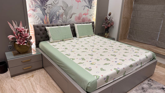 Imported Cotton Dinosaur Print Bedsheet- Green Colour