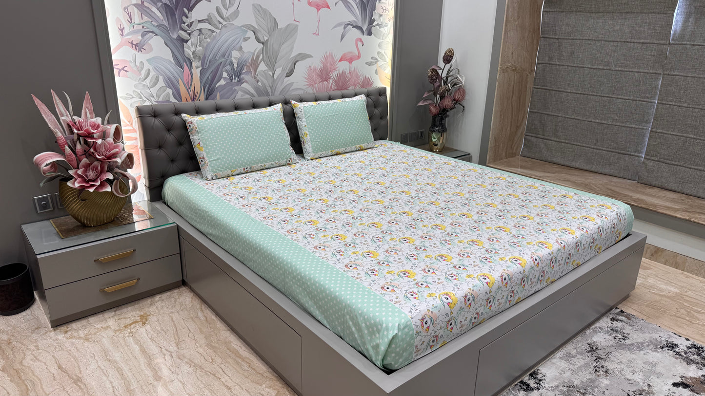 Imported Comfortable Pure Cotton Green Colour Unicorn Print Bedsheet
