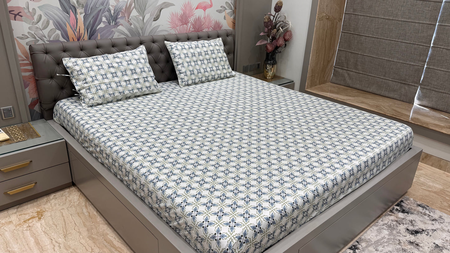 High Thread Count Pure Cotton Export Surplus Bedsheet- Green and Blue